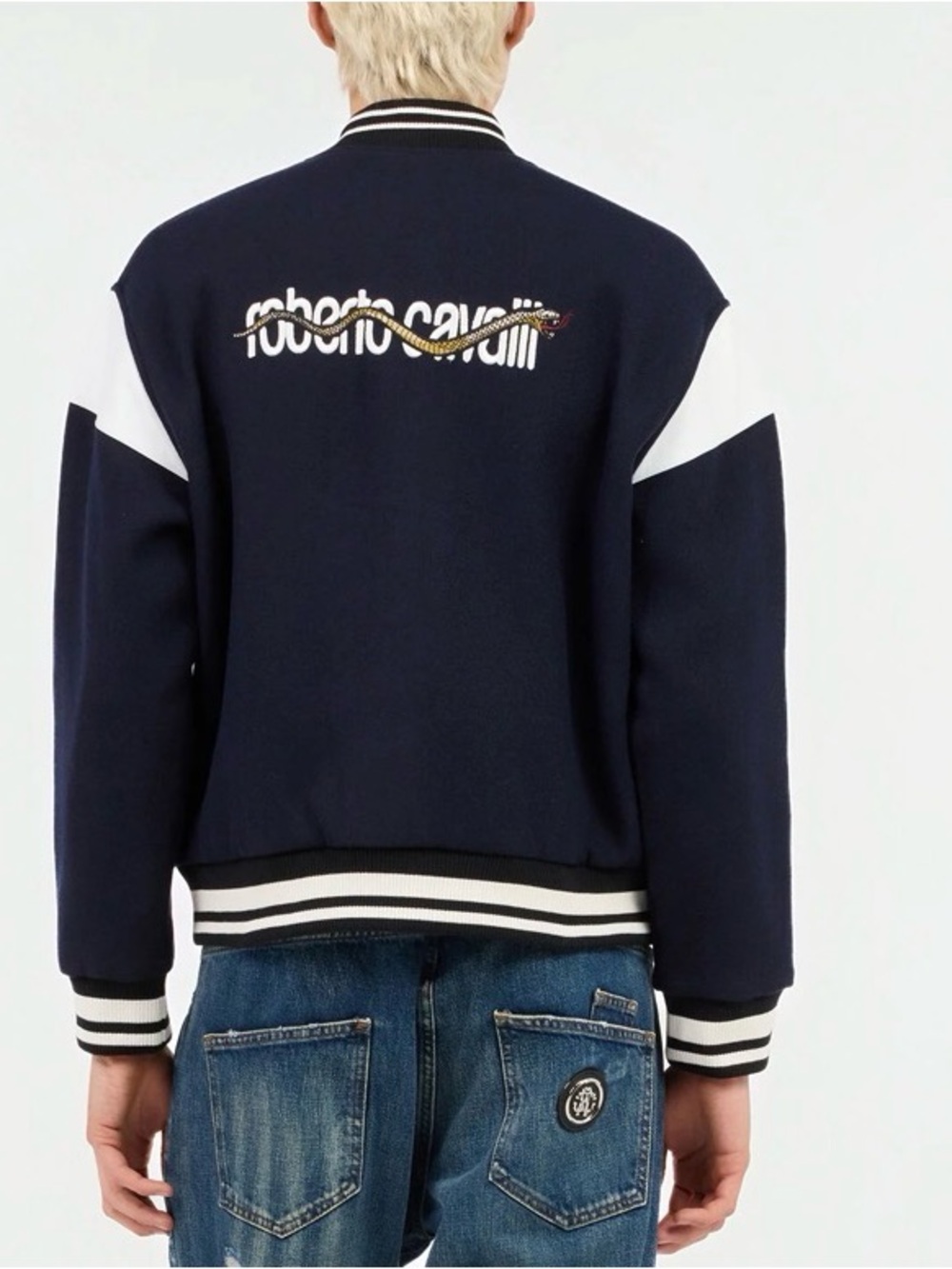Roberto Cavalli Snake Varsity Jacket NWT Navy White Men’s M Luxury